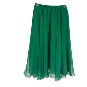 Vintage Chiffon Midi Skirt Solid Green A Line Elastic Waist Vintage 14 Modern M